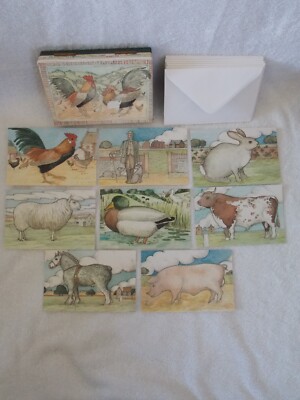 New Set Of 8 Country Farm Animals Rice Paper Postcards & Env Handmade In England