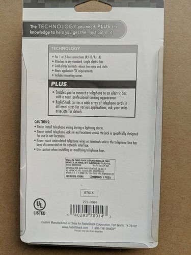 RadioShack 4 Pin Wall Mount Modular Telephone Plate (279-004), new in package