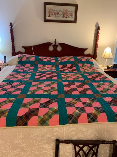 Vintage Cotton Pink Green Bowtie Hand Stiched Quilt 82 By 62