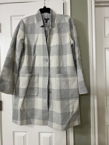 Pre-owned Eileen Fisher Xl  Darkpearl Wool Blend Multi Check Notch Collar Calf Len Coat In Gray