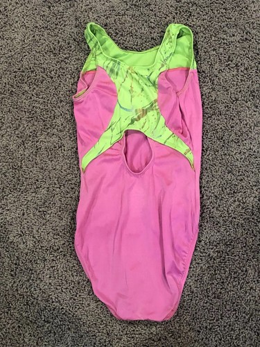 GK Elite Gymnastic Leotard, pink and lime with rhinestones, size AXS