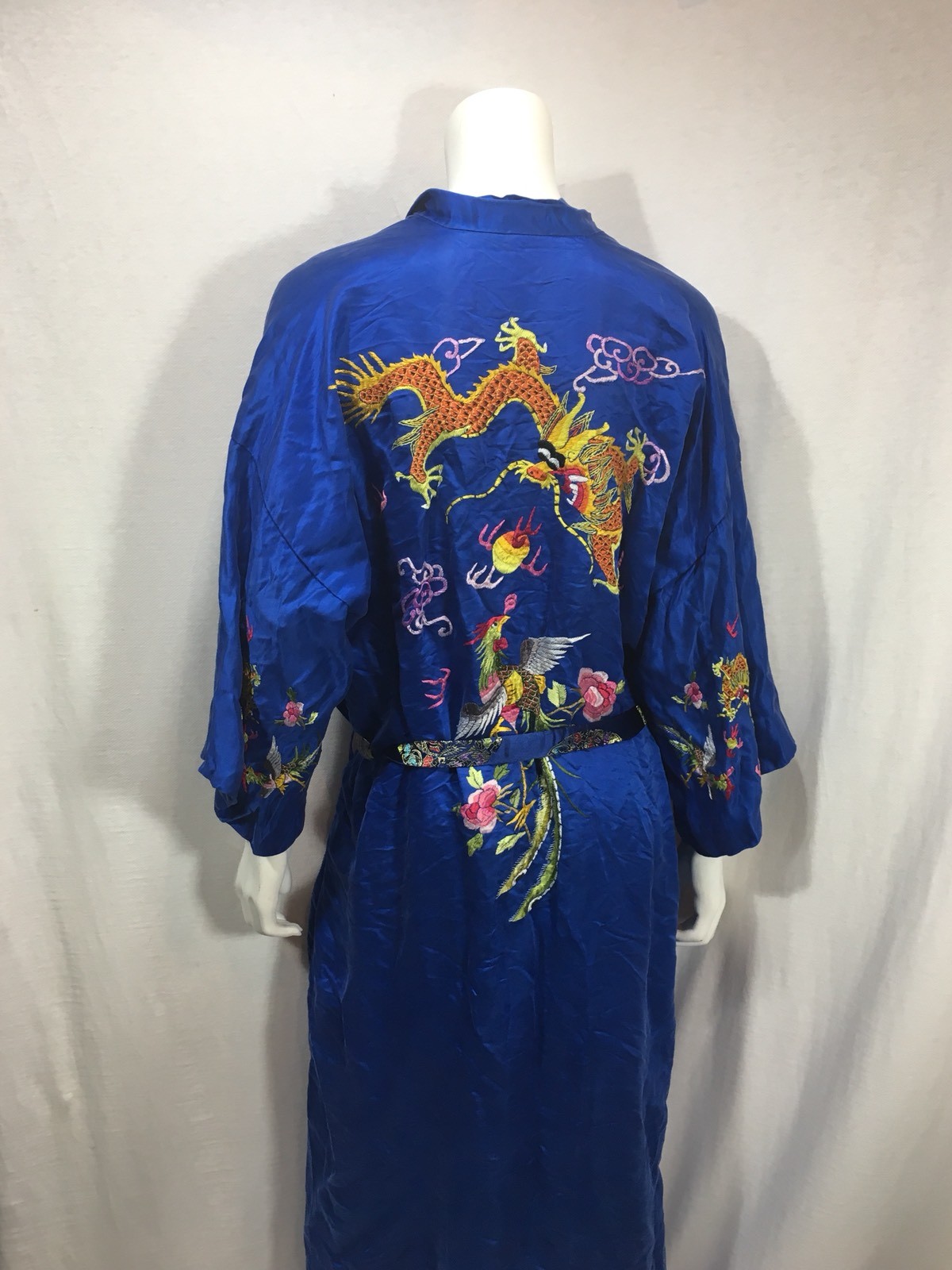 Vintage Royal Blue Silk Golden Dragin Robe L embroidered tie at waist rooster