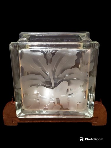 Vintage Etched Hibiscus Glass Block Vase With Wood Base