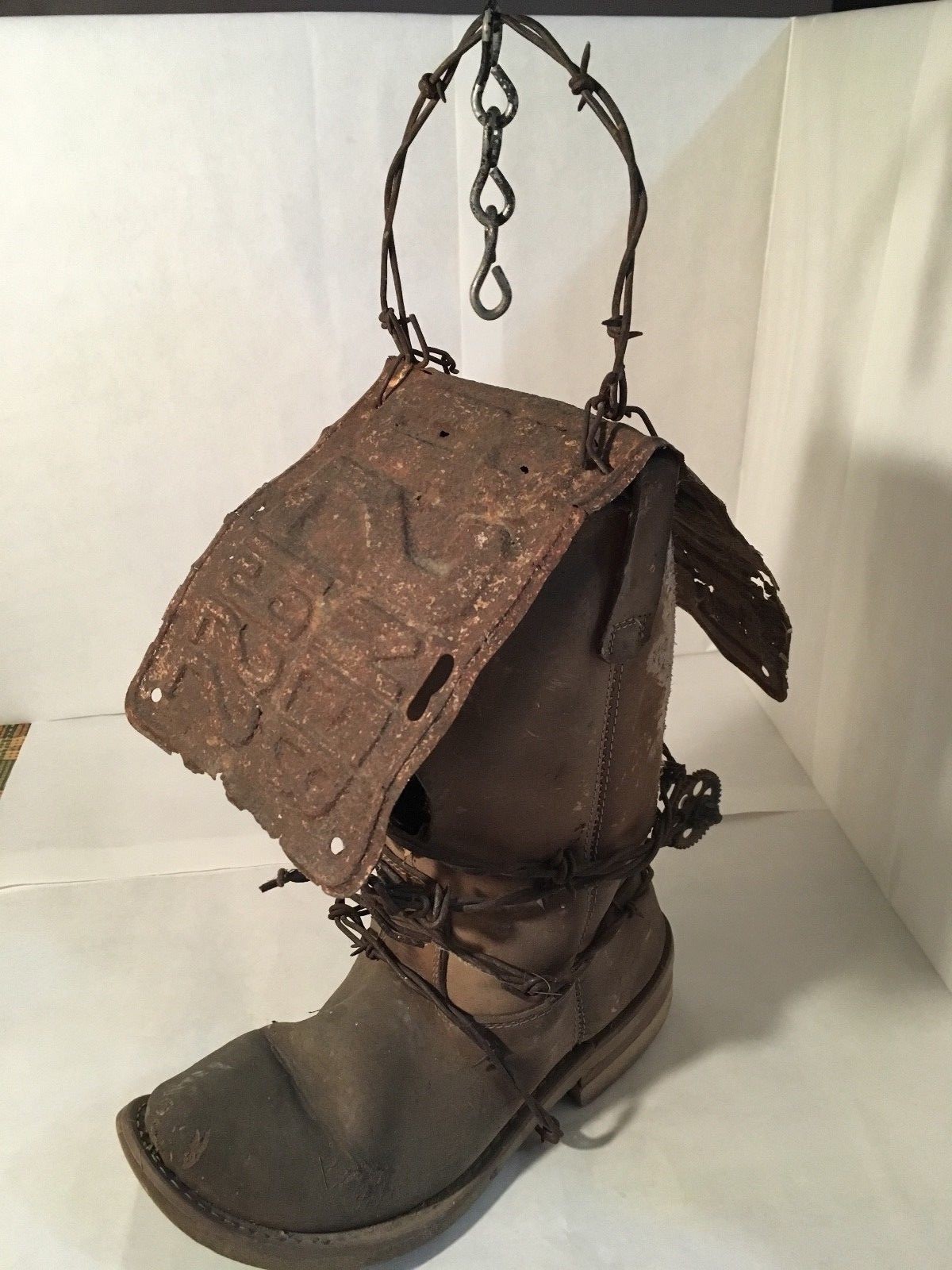 Cowboy Boot Birdhouse Recycled Leather Boot With Barbed 1922 License Plate Roof