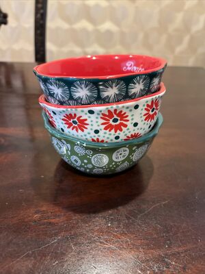 Set of 3 Pioneer Woman Holiday Bowls PEACE COMFORT  JOY 4.5'' Fruit Dessert Dish