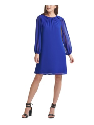 DKNY Womens Blue Stretch Long Sleeve Crew Neck Short Wear To Work Shift Dress 2