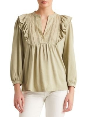 

LAUREN RALPH LAUREN Женский зеленый топ с защипами и рукавами с манжетами и разрезом S\P