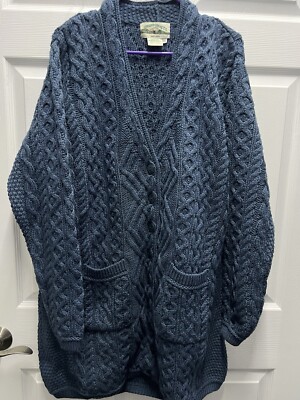 Aran Craft Merino Wool Long Boyfriend Button Front Cardigan - Mallard Blue - XXL