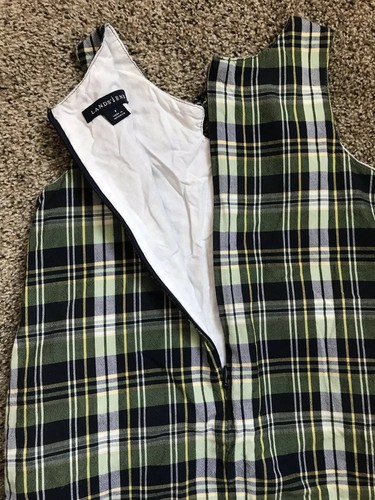 Lands End Girls Green/Navy Plaid Jumper Dress Size 6 School Uniform