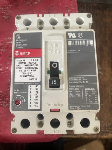 Cutler-Hammer Westinghouse Series C, HMCP015EDC Circuit Breaker, 15AMPS  3-Pole.
