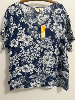 C + C California top Womens  3X new NWT linen shirt floral blue white (T1651Y)