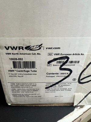 VWR 10026-092 Cetrifuge Tube 15mL RCF Conical Bottom Amber with Cap - Bag of 500