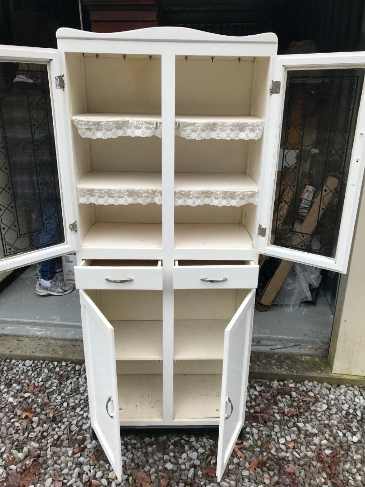 Antique Vintage Kitchen Cupboard Stenciled Glass Deco 1940’s Hutch White