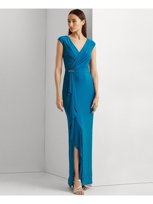 

LAUREN RALPH LAUREN Женское синее трикотажное платье с разрезом и оборками на подкладке, Синий