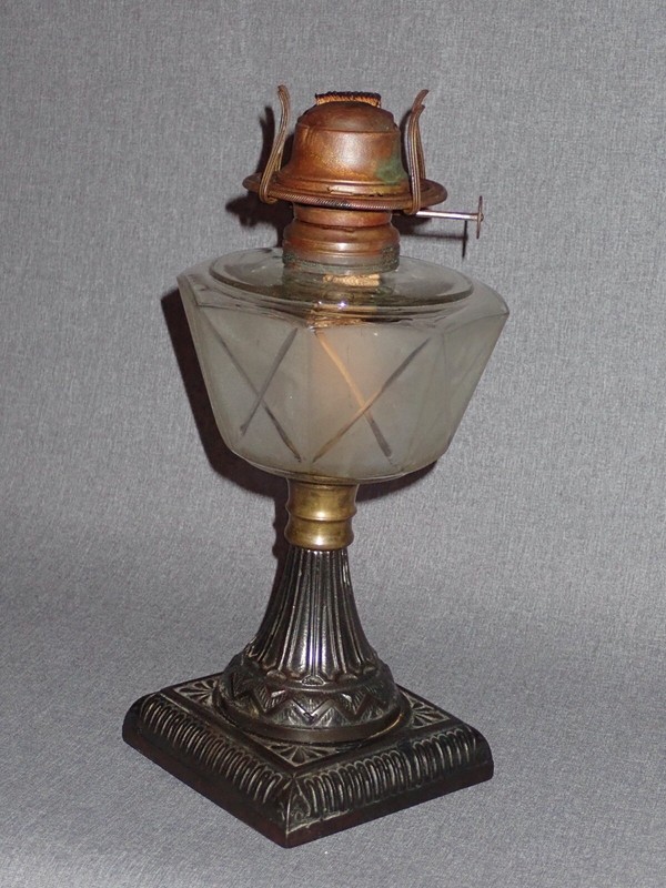 Antique Oil Lamp Etched Glass with Cast Iron Base by M. B. Co NY