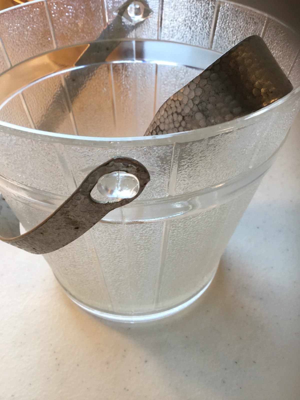 Vintage Glass Ice Bucket with Metal Handle and Tongs Oak Barrel Pattern