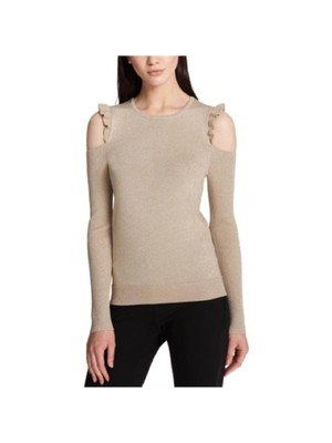 

DKNY Женский золотистый топ с круглым вырезом и длинными рукавами в рубчик с рюшами и отделкой для вечеринок, размер, Золотой