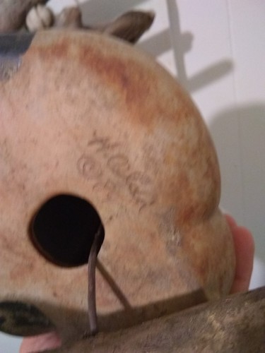 Signed Vintage H Olsen Raccoon Wind Chime Pottery and Driftwood dated 1989