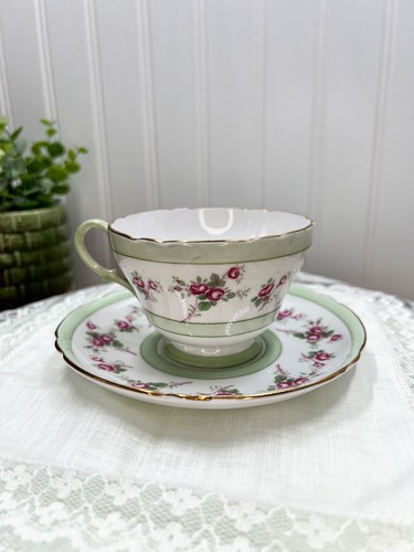 Cup And Saucer Set - Pastel Green Floral Rose Gold Accent