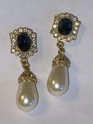Deltah Pierced Earrings Dangle Big Broilette Pears Blue Clear Rhinestones Bridal