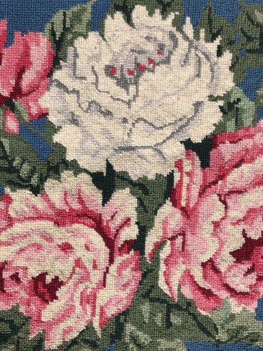 Gorgeous Vintage Handmade Wool Needlepoint Pillow Cover PINK & WHITE ROSES