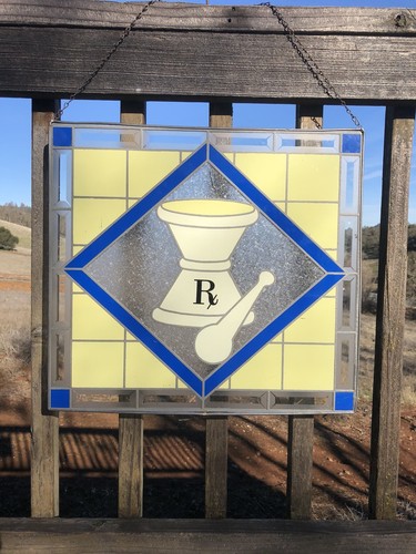 Vintage RX Rexall Drugs Glass Hanging Window Sign Mortar & Pestle Pharmacy