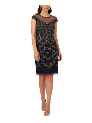 ADRIANNA PAPELL Womens Navy Mesh Lined Cap Sleeve Above The Knee Sheath Dress 2