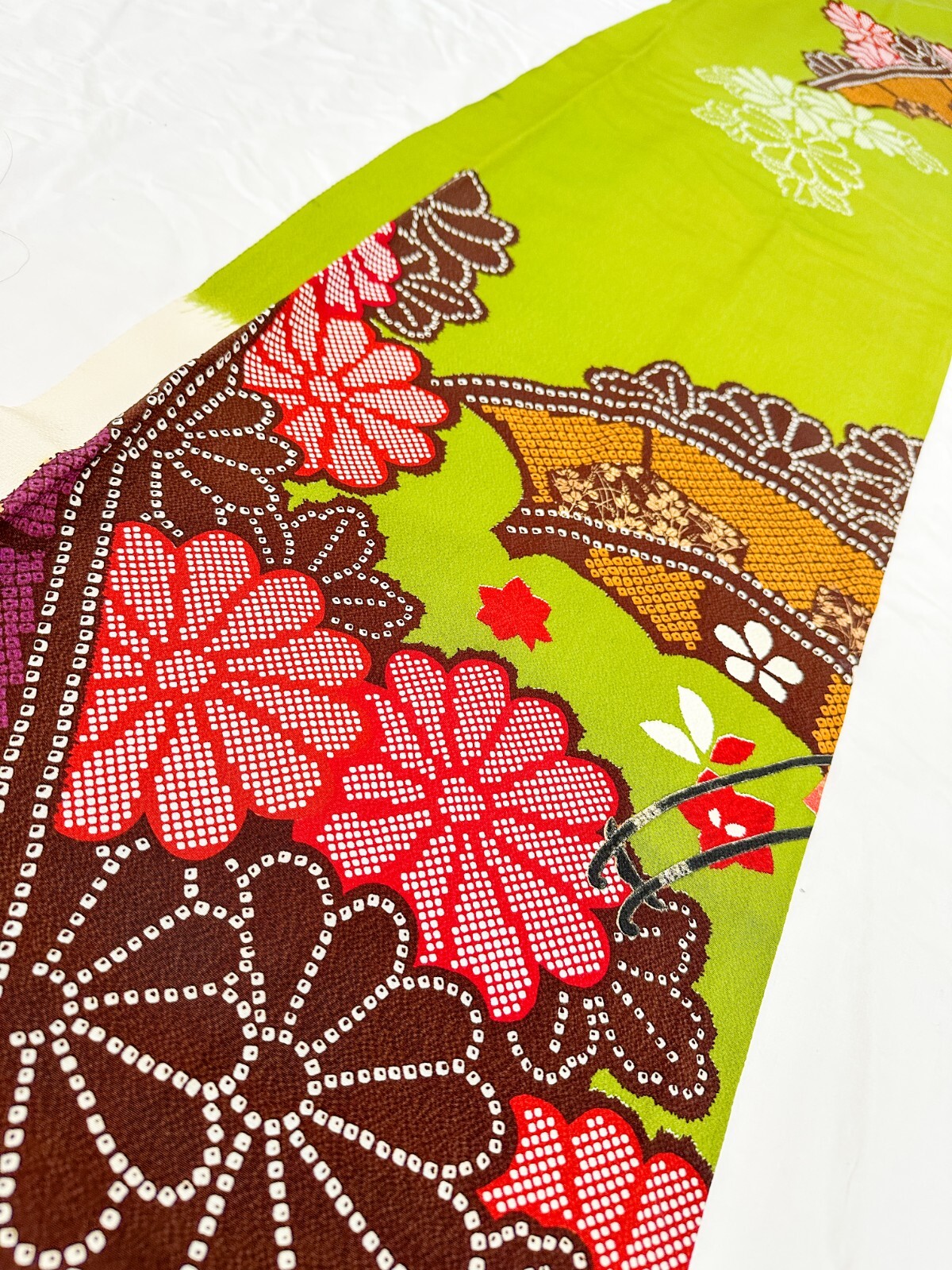 Vintage Kimono Fabric Picked From Furisode 68”x14” Green