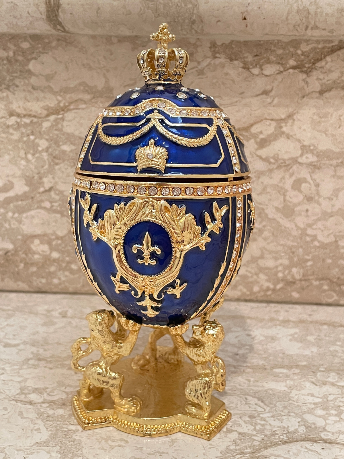 Sapphire Blue Faberge egg Trinket box 24k Gold egg Faberge