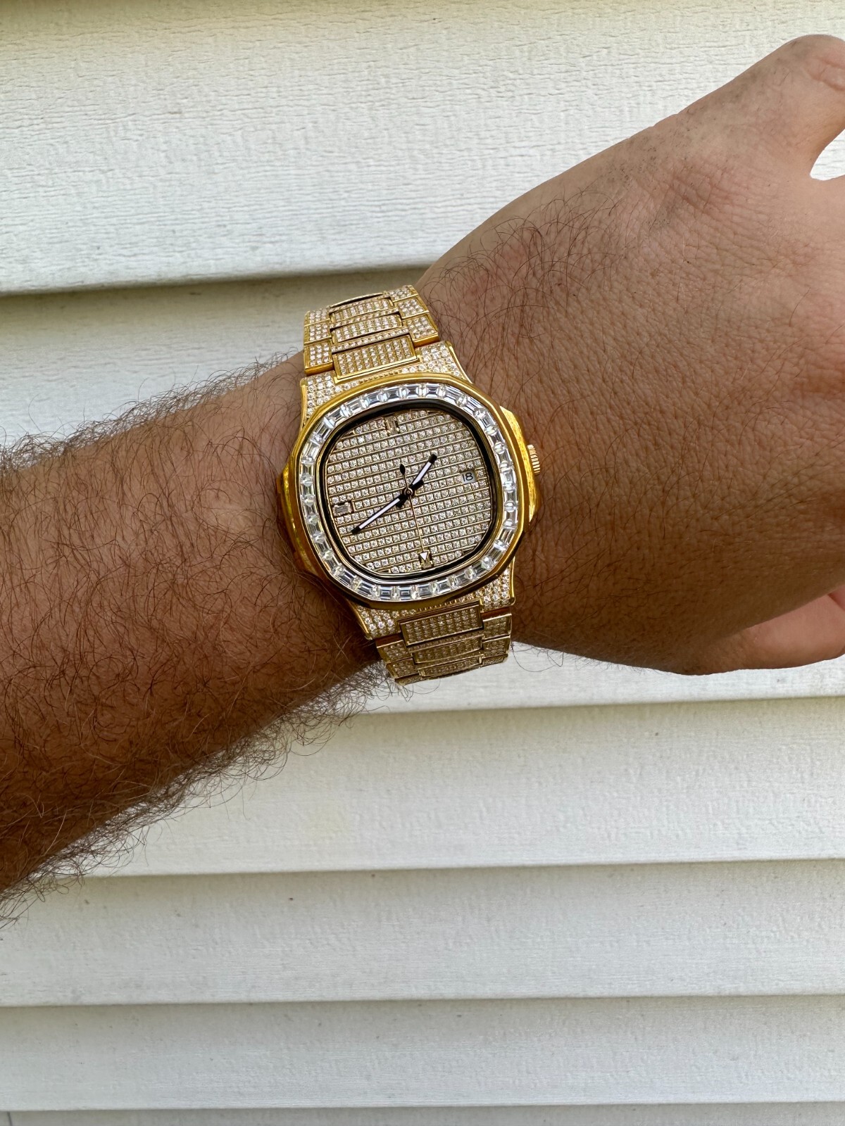 Pre-owned Real Mens Baguette 14k Gold  Moissanite Watch Iced Automatic Movement Hiphop