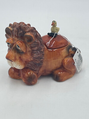 Russ Berrie Ceramic Lion trinket Box w/Bird Signed Doug Harris Kookie Kritters