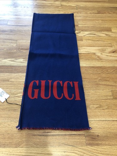 Pre-owned Gucci $450 Authentic  Jacquard Um Scarf Mens Blue Sapphire Red 35 X 180
