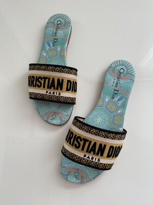 New Women's Authentic Christian Dior DWay Fabulous Embroidered Slide Turquoise