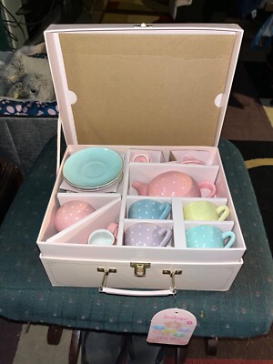 JEWELKEEPER 13 PIECE PORCELAIN TEA SET MULTICOLOR COMPLETE IN BOX NEVER USED