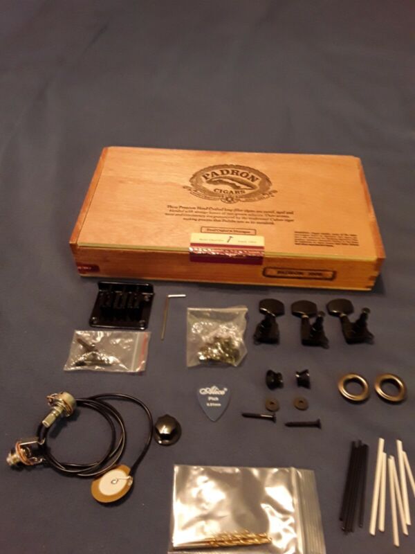 3-string cigar box Guitar -Builders Kit- Black Hardware+ padron" 2000" wood box.