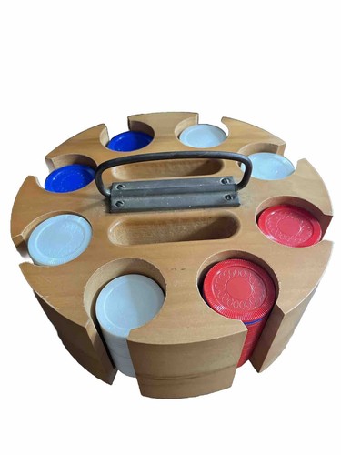Vintage Round Wood 8 Rack Poker Chip Holder Caddy & Chips