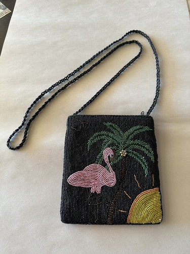 ERMO Beaded Purse 🦩Flamingo☀️ SUN Tropical Palm Tree 🌴 Crossbody Black Bag