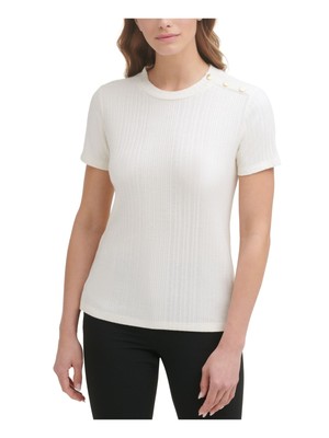 

DKNY Женский бежевый топ с круглым вырезом и короткими рукавами на одном плече с пуговицами