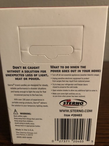 Sterno Emergency Candles 6 PK Bug Out Survival Camping Hiking Hunting Prepared