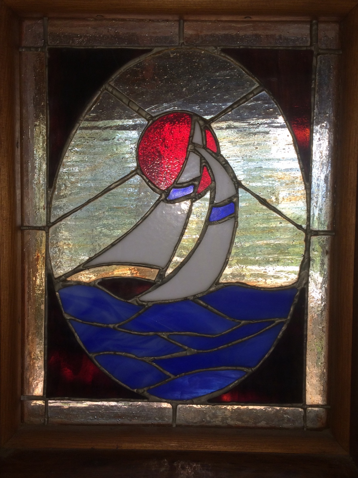 Custom Vintage Antique Stained Glass Sailboat Window, Blue, White, Red / Orange