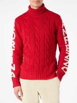 Pre-owned Mc2 Saint Barth Man Turtleneck Braided Sweater With Cortina Ampezzo Print In Red