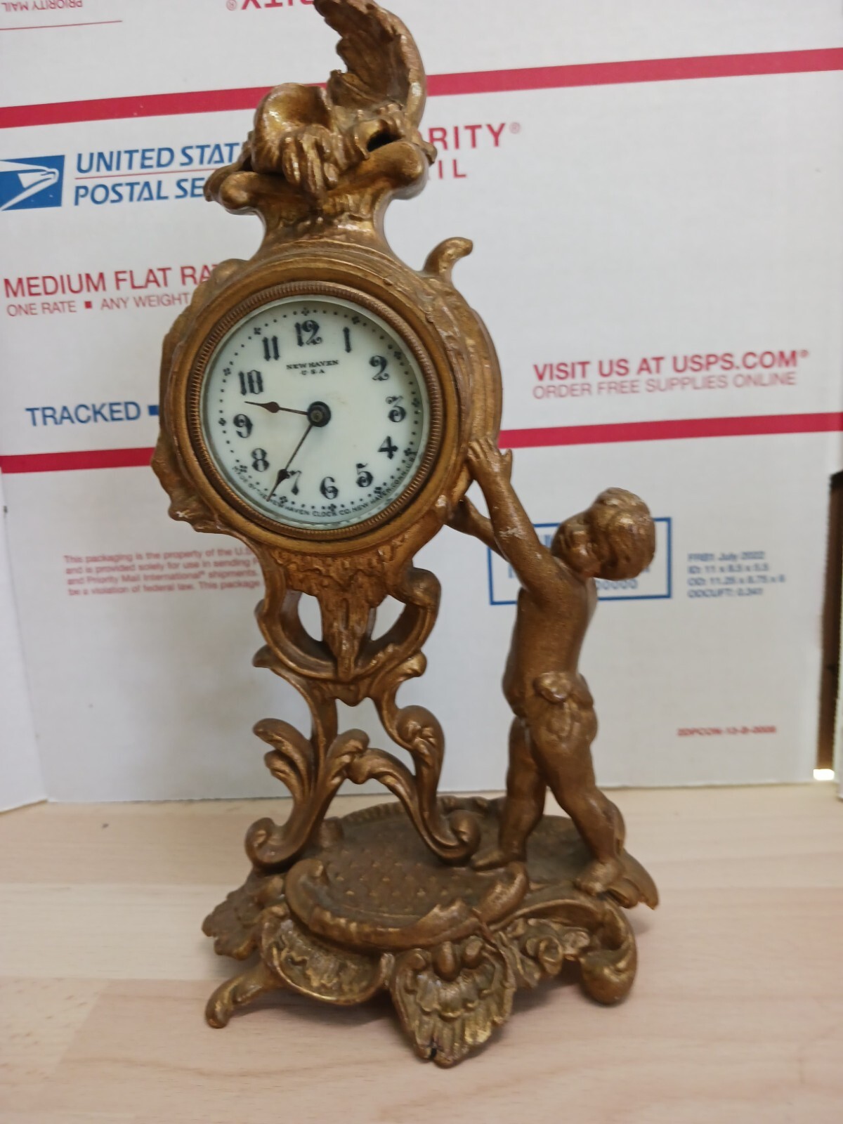 Antique New Haven Clock, Cherub, Circa 1910s, Gold Gilt, 7.25