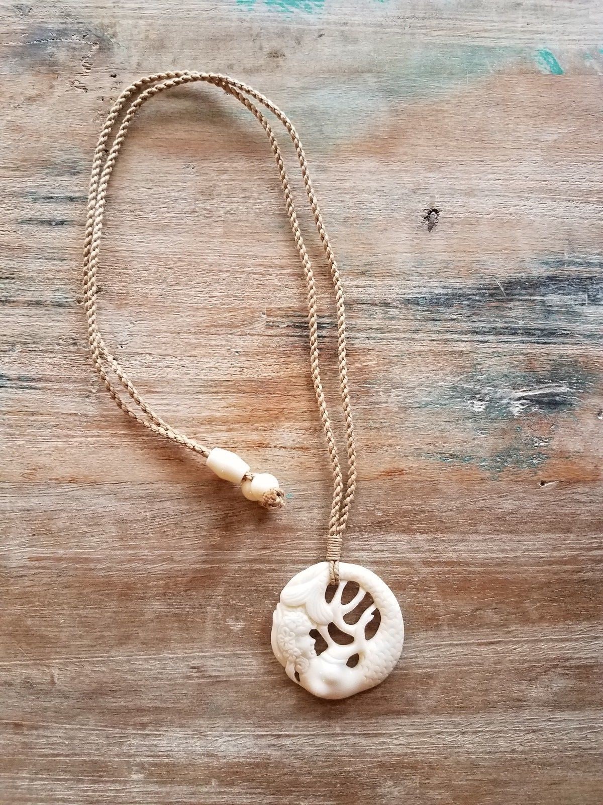 Carved Mermaid Goddess Boho White Water Buffalo Horn Natural Cord Necklace