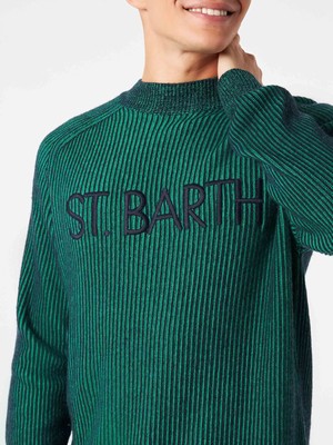 Pre-owned Mc2 Saint Barth Man Green Half-turtleneck Ribbed Sweater