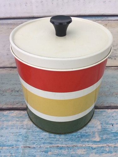Tin Striped Canisters Nesting Metal With Lids Retro 1970s Vintage Green Set of 2