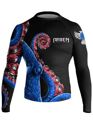 Raven Fightwear Men's Kraken Octopus BJJ Rash Guard MMA Red/White/Blue 