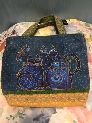 Laurel Burch Cat Print Mini Tote Bag Blue Handbag Purse  11 x 8 