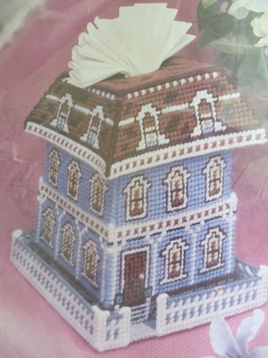 VTG Needlecraft Kit Blue Victorian House Picket Fence Tissue Box Cover  8