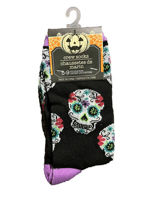 Funky Retro Novelty SUGAR SKULL Day Dead Women CREW SOCKS -BLACK/PURPLE Size 5-9