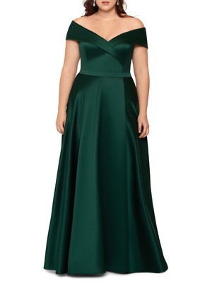 XSCAPE Womens Satin Sleeveless Off Shoulder Full-Length Formal Fit + Flare Dress